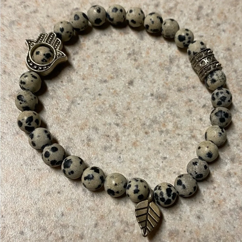 Dalmatian Jasper Hamsa Bracelet Spiritual Protection Stretch Beaded Bracelet